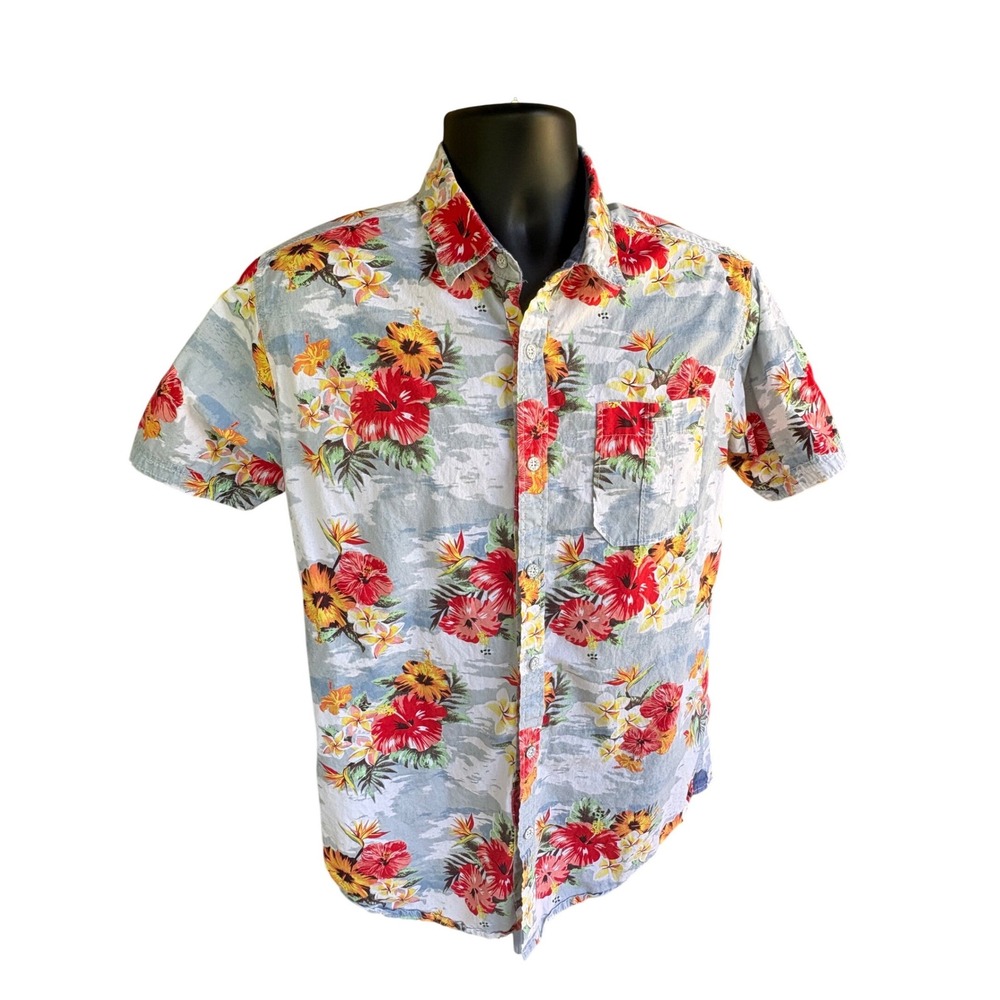 Free Planet Mens Large Tropical Hibiscus Floral Button Down Shirt Blue FN9S16LBL
